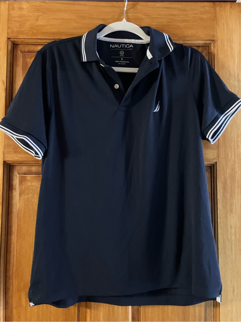 Nautica Men's Navy Polo with White Stripe Trim Moisture Wicking 100% Polyester